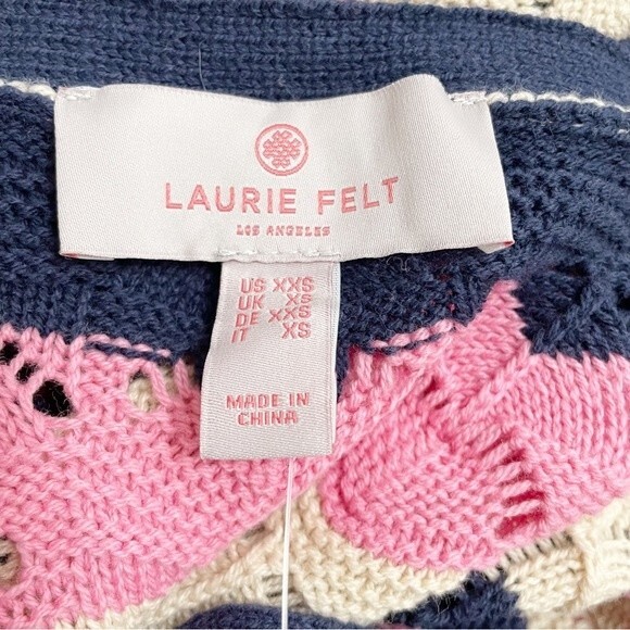 Laurie Felt Pointelle Knit Maxi Cardigan Duster Sweater Navy Pink Tan Size XXS - Picture 13 of 16